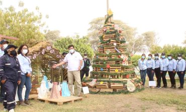 Instalan árboles de Navidad hechos con material reciclable en Veintiséis de Octubre