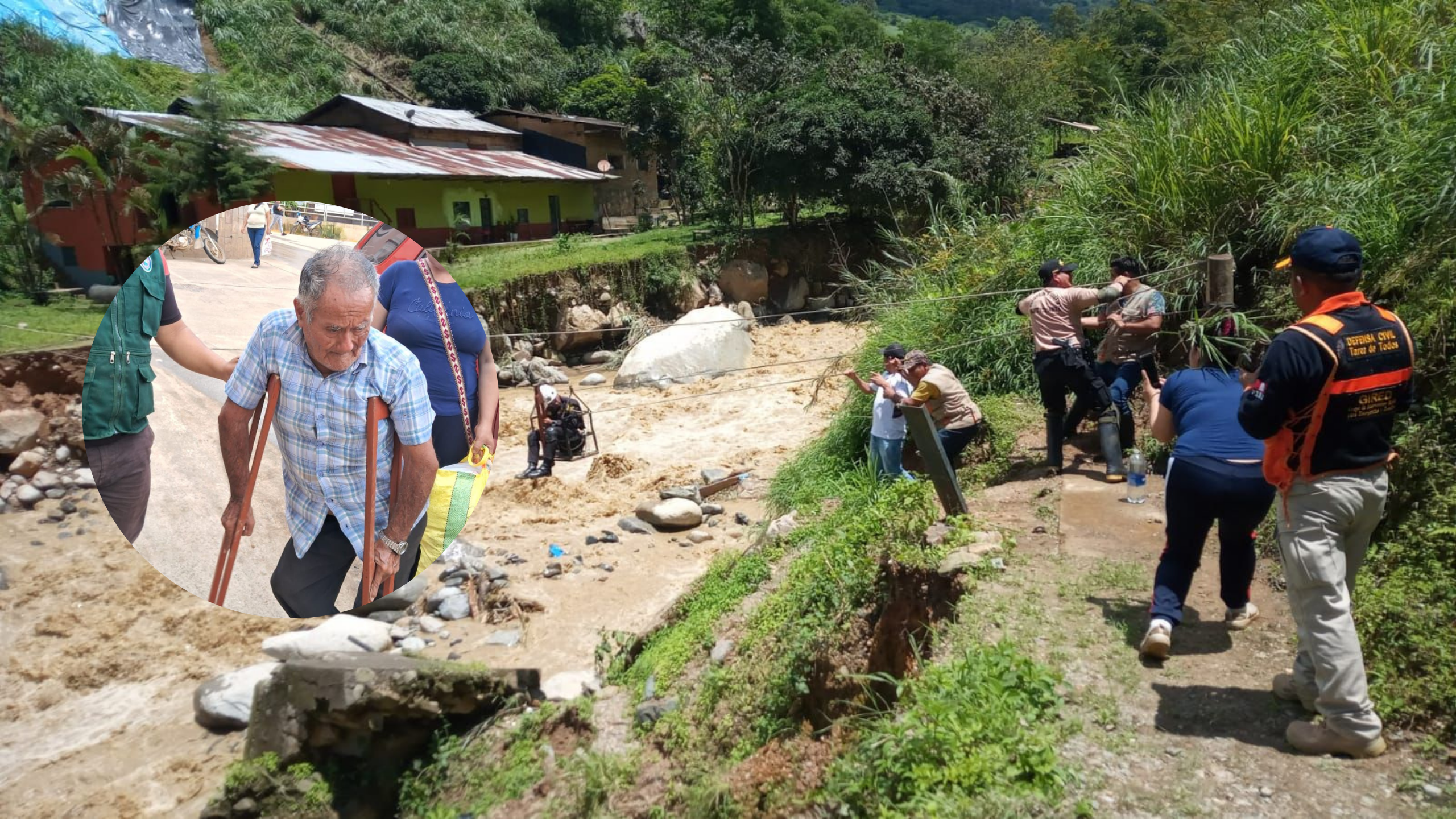 Policía a adulto mayor que quedó aislado ante creciente de quebrada en Canchaque