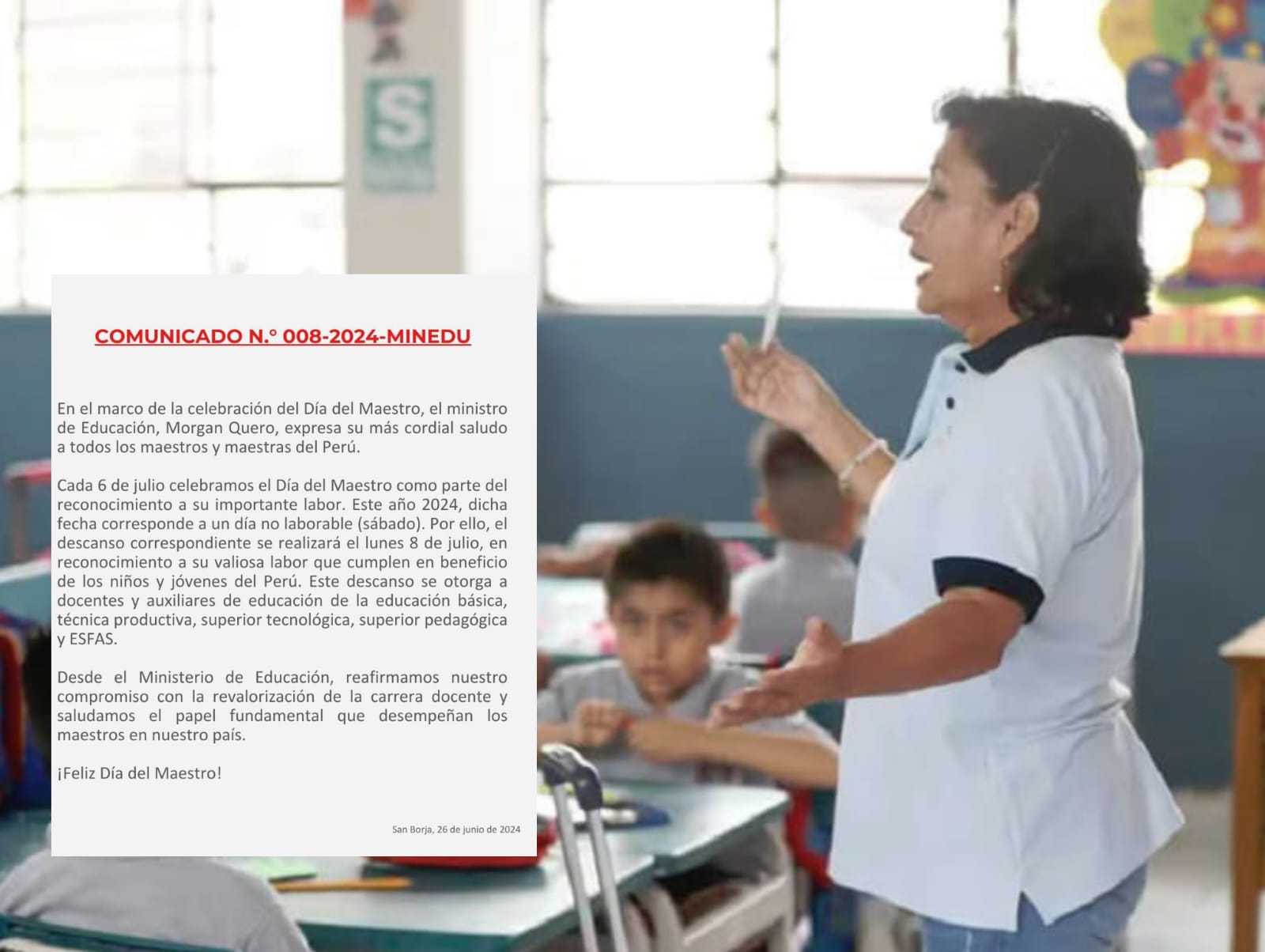 Día del Maestro: Minedu establece que docentes no laborarán el lunes 8 de julio