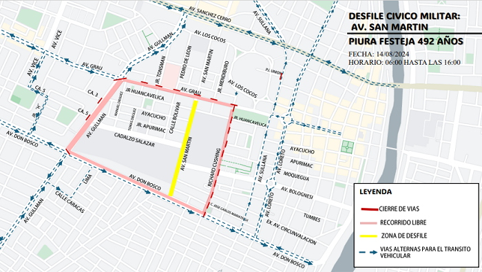 Cerrarán temporalmente Av. San Martín, Óvalo Grau y Plaza de Armas por aniversario de Piura