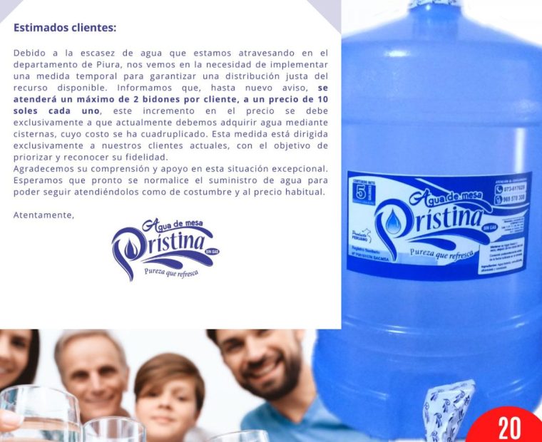 Piura: Empresa de agua aumenta hasta en dos soles el precio del bidón