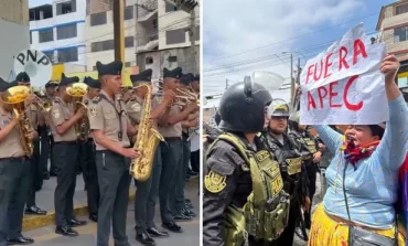 Banda musical de la PNP toca para evitar que se escuchen reclamos de manifestantes