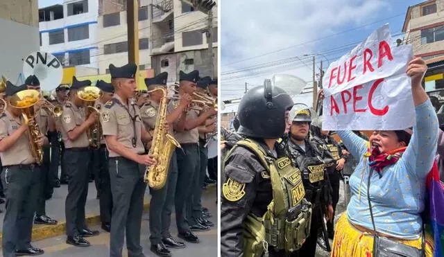 Banda musical de la PNP toca para evitar que se escuchen reclamos de manifestantes