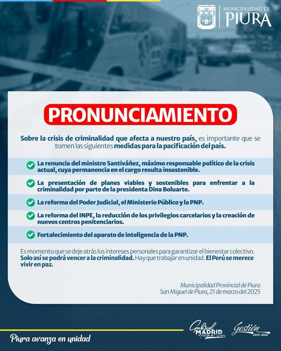 Municipalidad de Piura pide la renuncia inmediata del ministro José Santiváñez